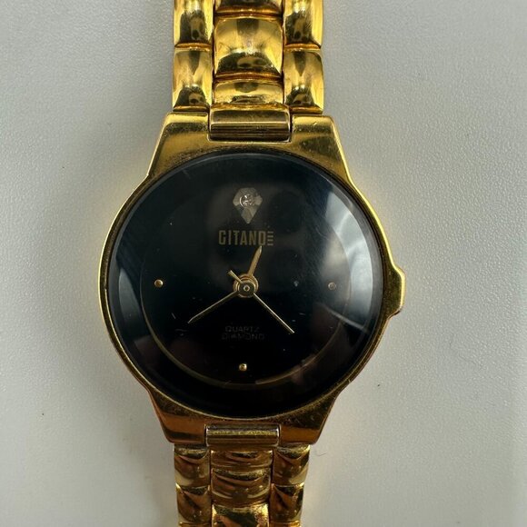 3/$30 Vintage Gitano Watch Women Gold Tone Black Dial Diamond Accent  7" - Picture 1 of 14